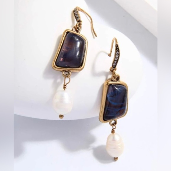 Dichroic Glass Amber Blue Swirl Art Deco Gold Marcasite Freshwater Pearl Dangles - Picture 3 of 4